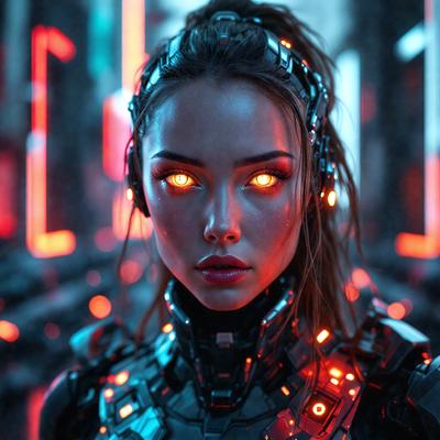 The primary subject of the image is a woman wearing a futuristic outfit, which includes a helmet with glowing red eyes. She is standing in front of a backdrop of red and blue neon lights, which adds to the futuristic and cyberpunk atmosphere of the scene. The visual style of the image is a combination of digital art and illustration, creating a striking and unique visual experience. The colors and mood of the image are predominantly dark and mysterious, with the glowing